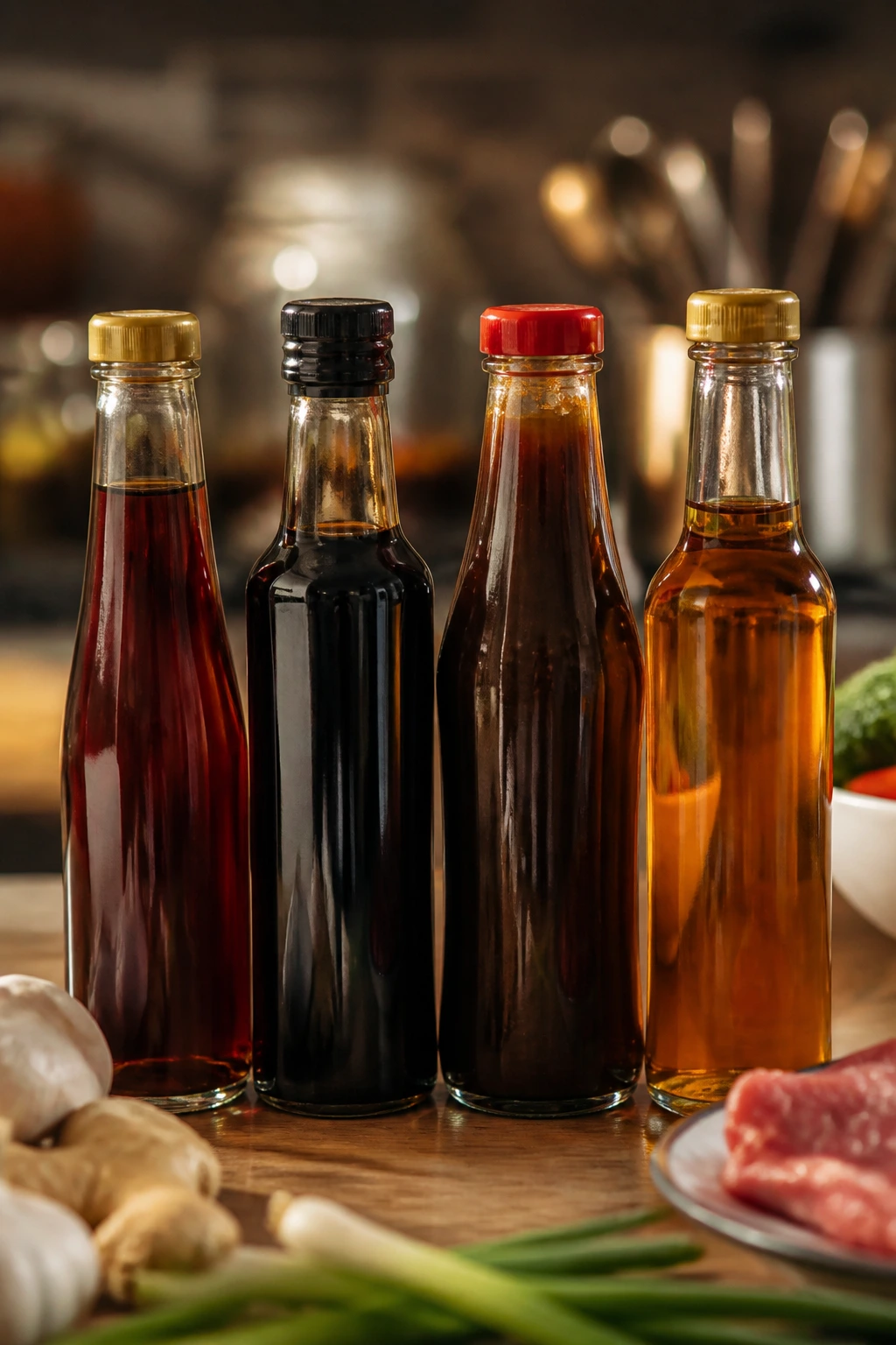 Row of plain-label sauce bottles on a wooden counter