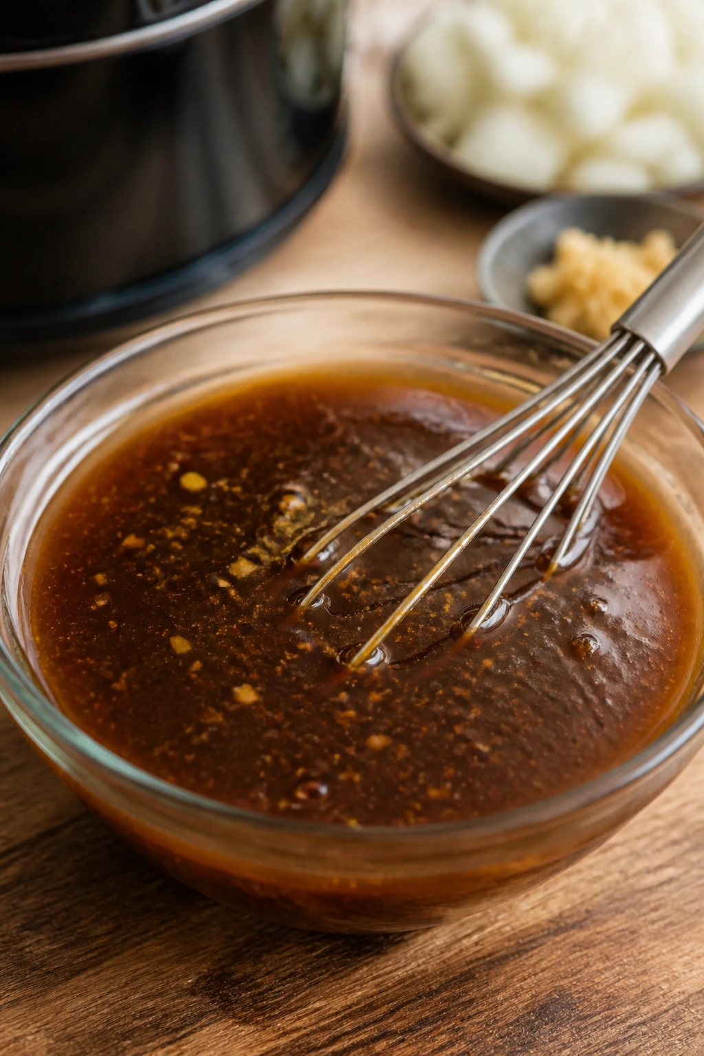 Glossy sauce in a bowl with a whisk nearby