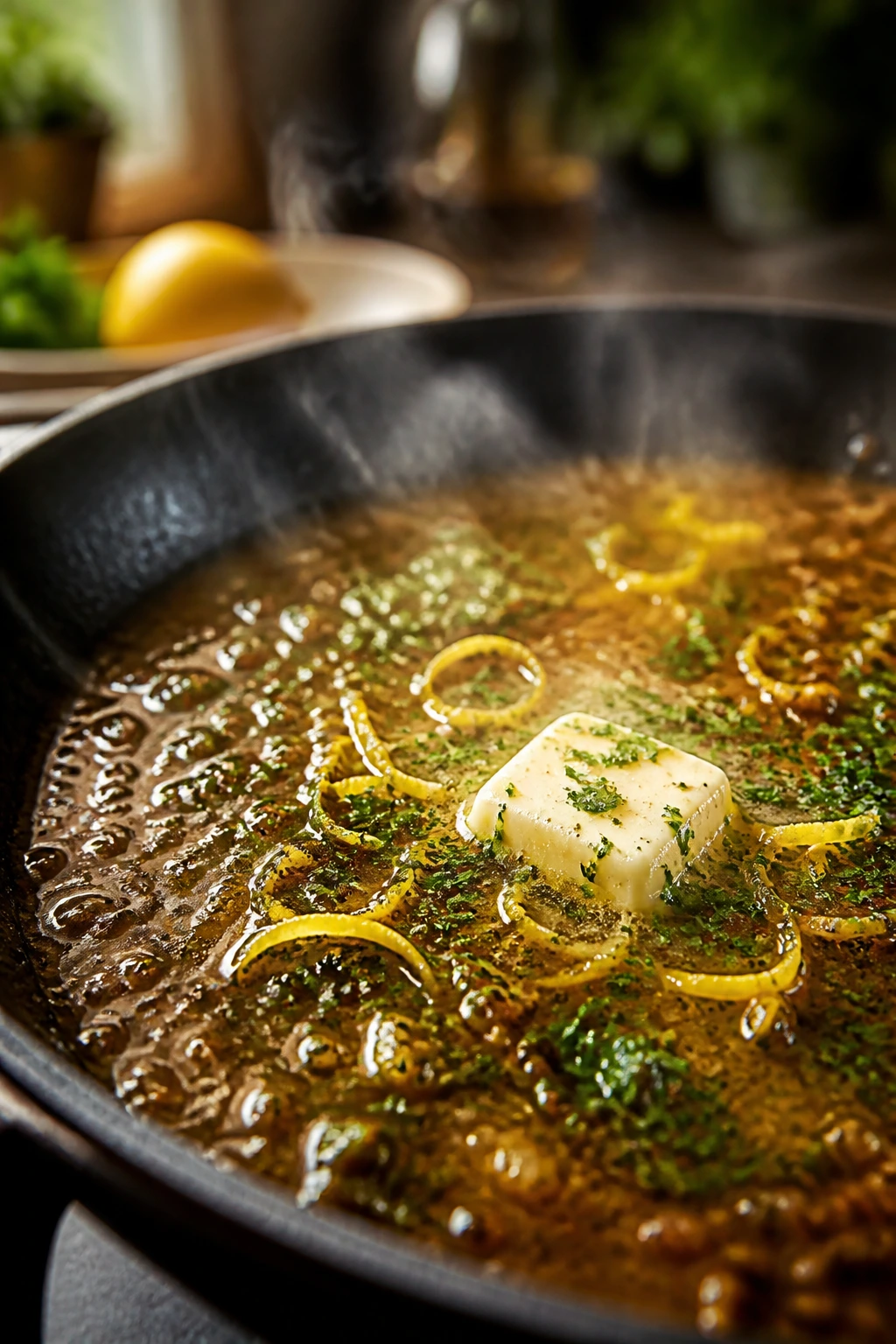 Close-up of finished glossy pan sauce with melting butter, herbs, and lemon zest in a warm kitchen