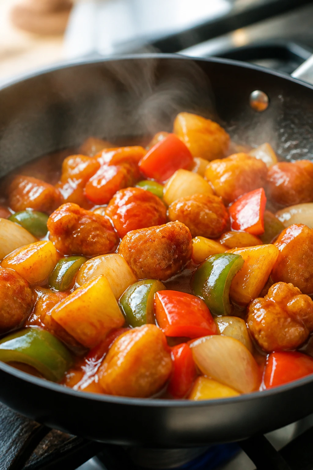 Skillet with sizzling chicken and glossy sauce