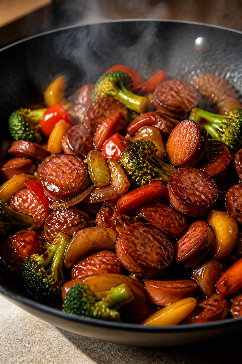 Sauce-clinging sausage and vegetables in a glossy stir-fry close-up