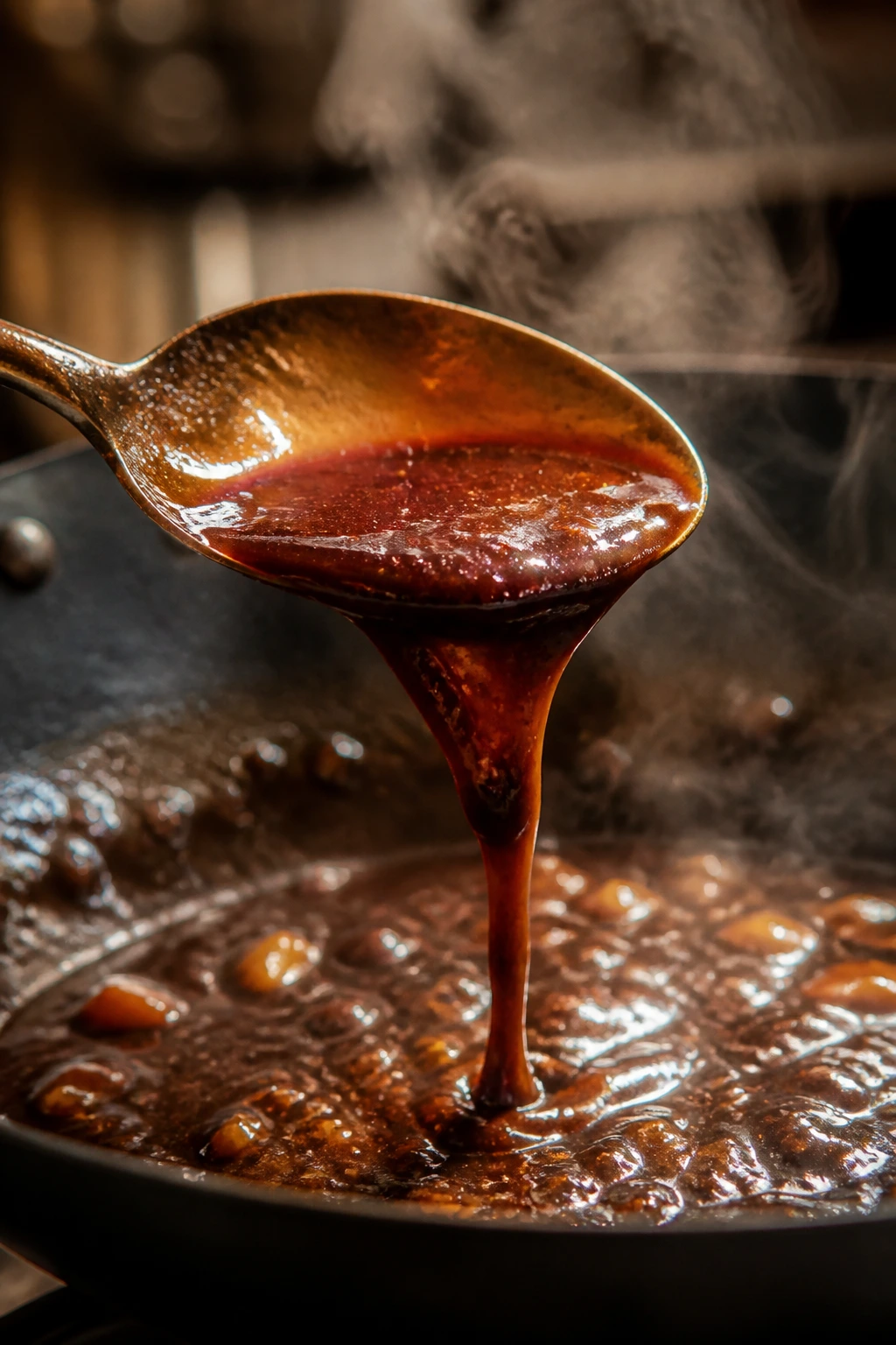 Glossy pan sauce thickened with cornstarch clinging to a spoon in a hot pan