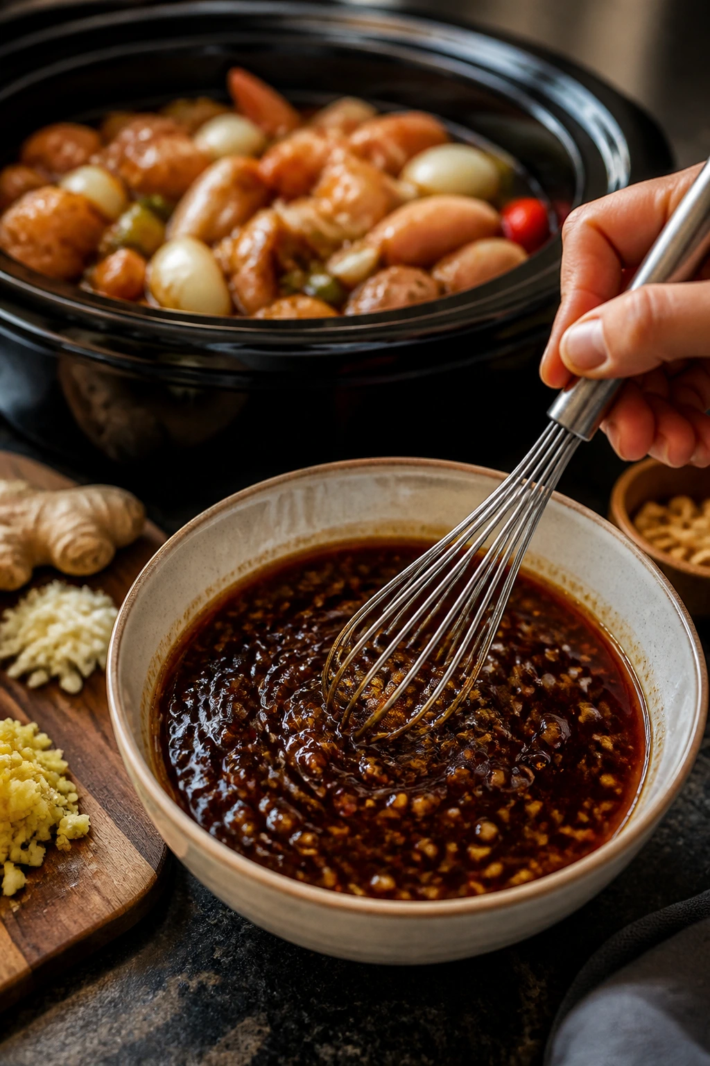 Sauce base whisked in a bowl with slow cooker in background.