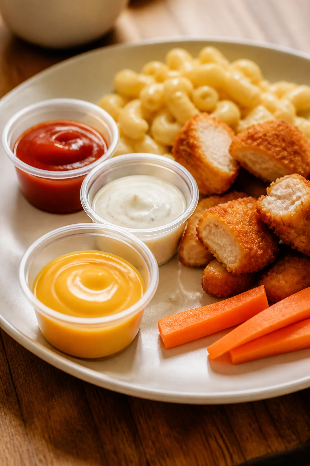 Plate with small sauce cups beside familiar foods