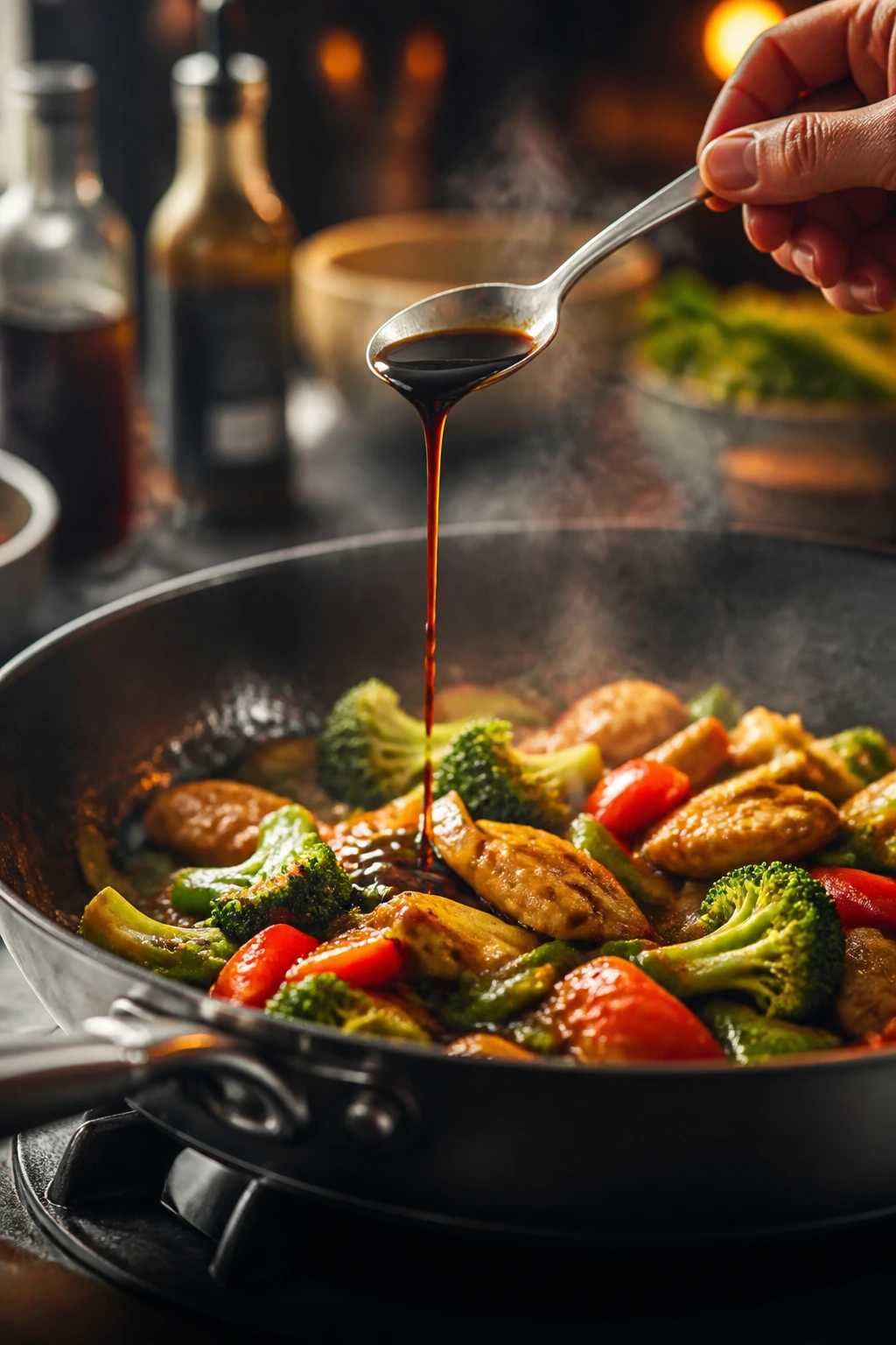 Spoon drizzle over stir-fry finishing sauce in a hot pan
