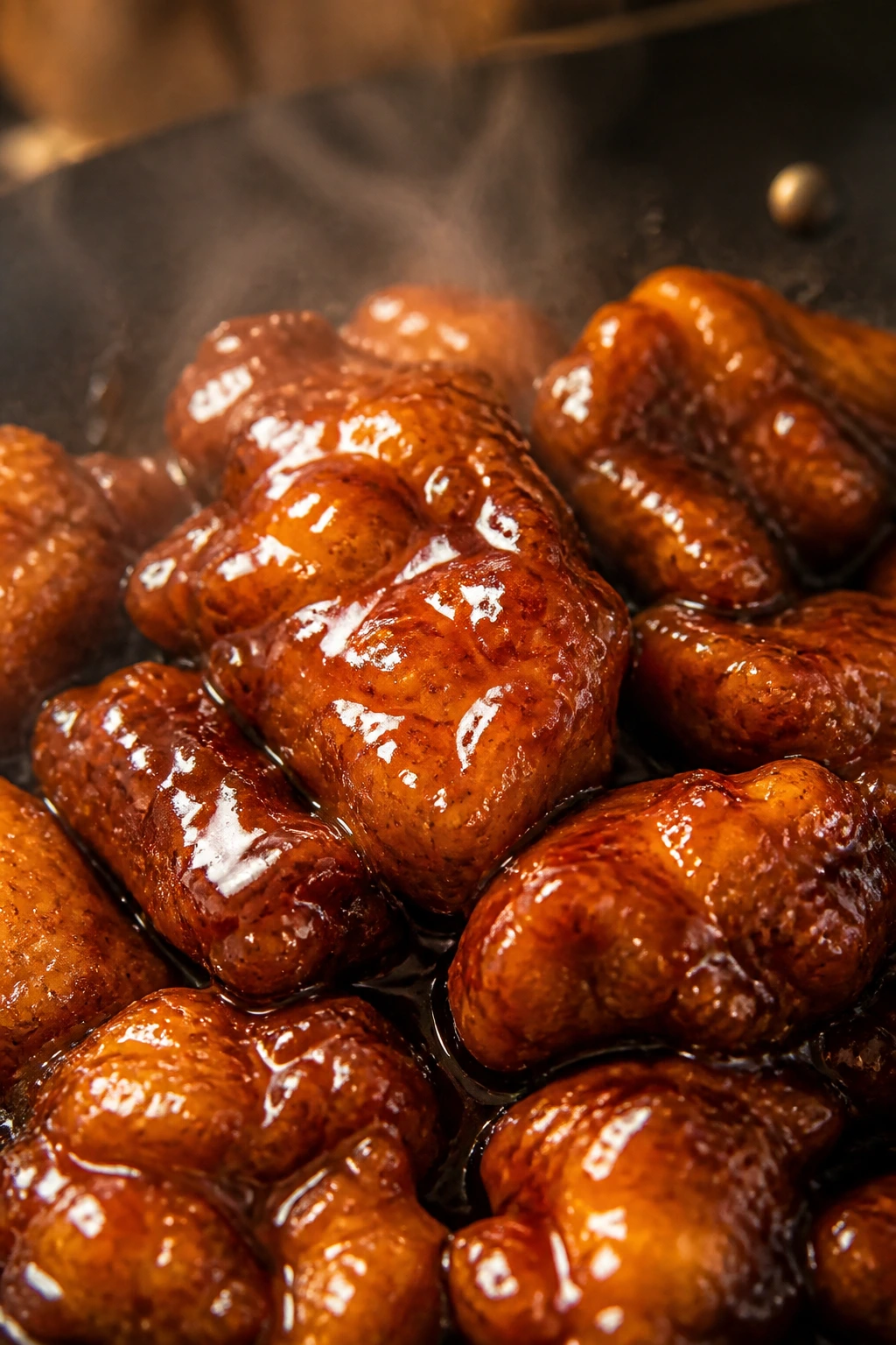 Thick glossy sauce coating protein in a hot wok in a home kitchen