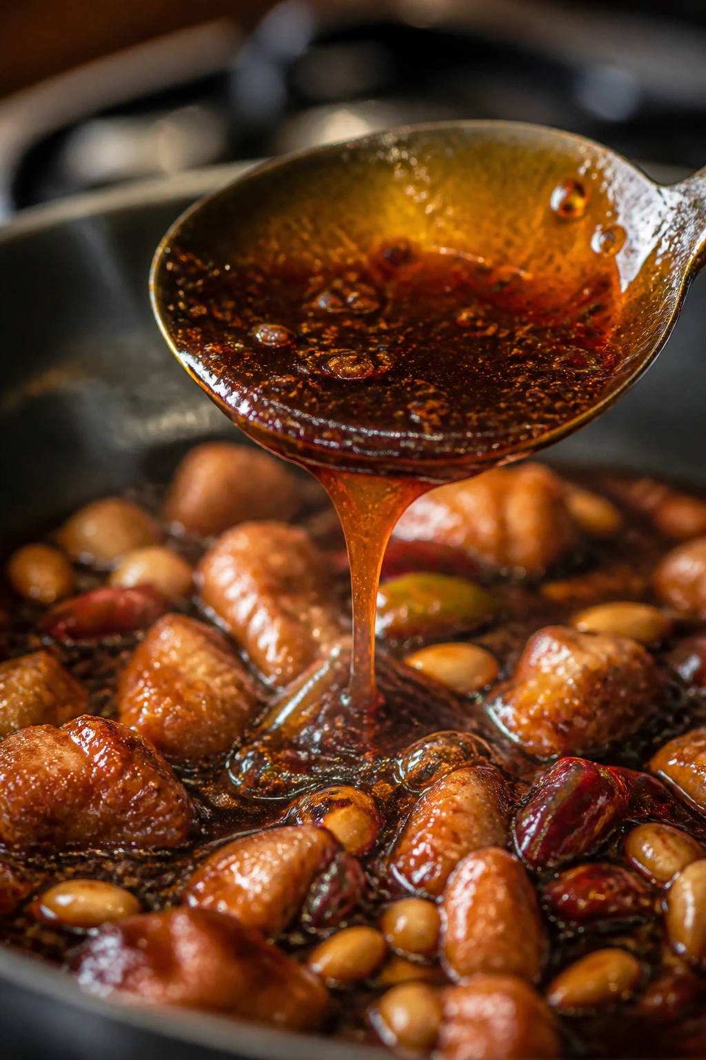 Glossy Kung Pao sauce turning sticky in a pan
