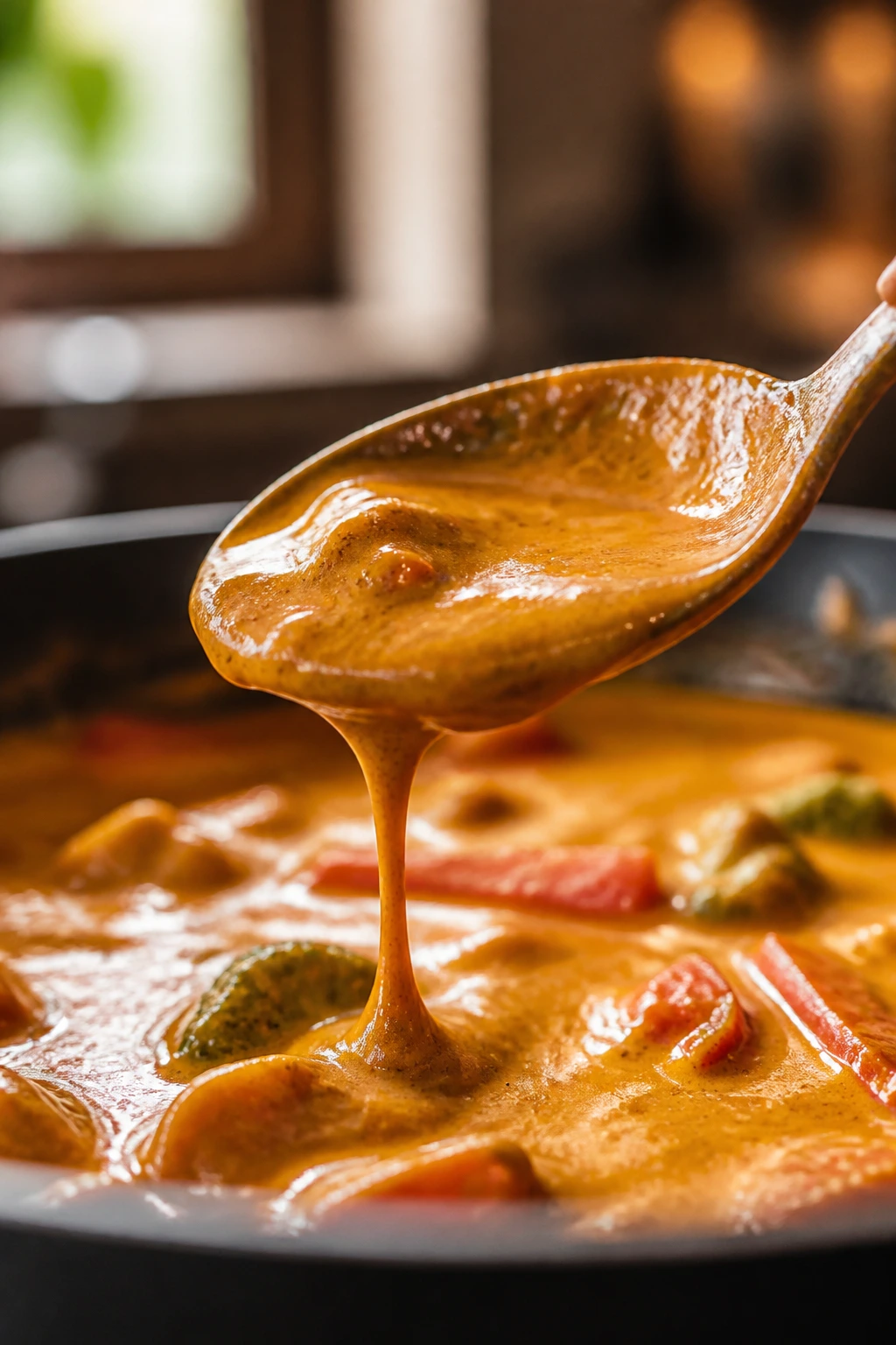 Glossy curry sauce on a spoon above a simmering pan