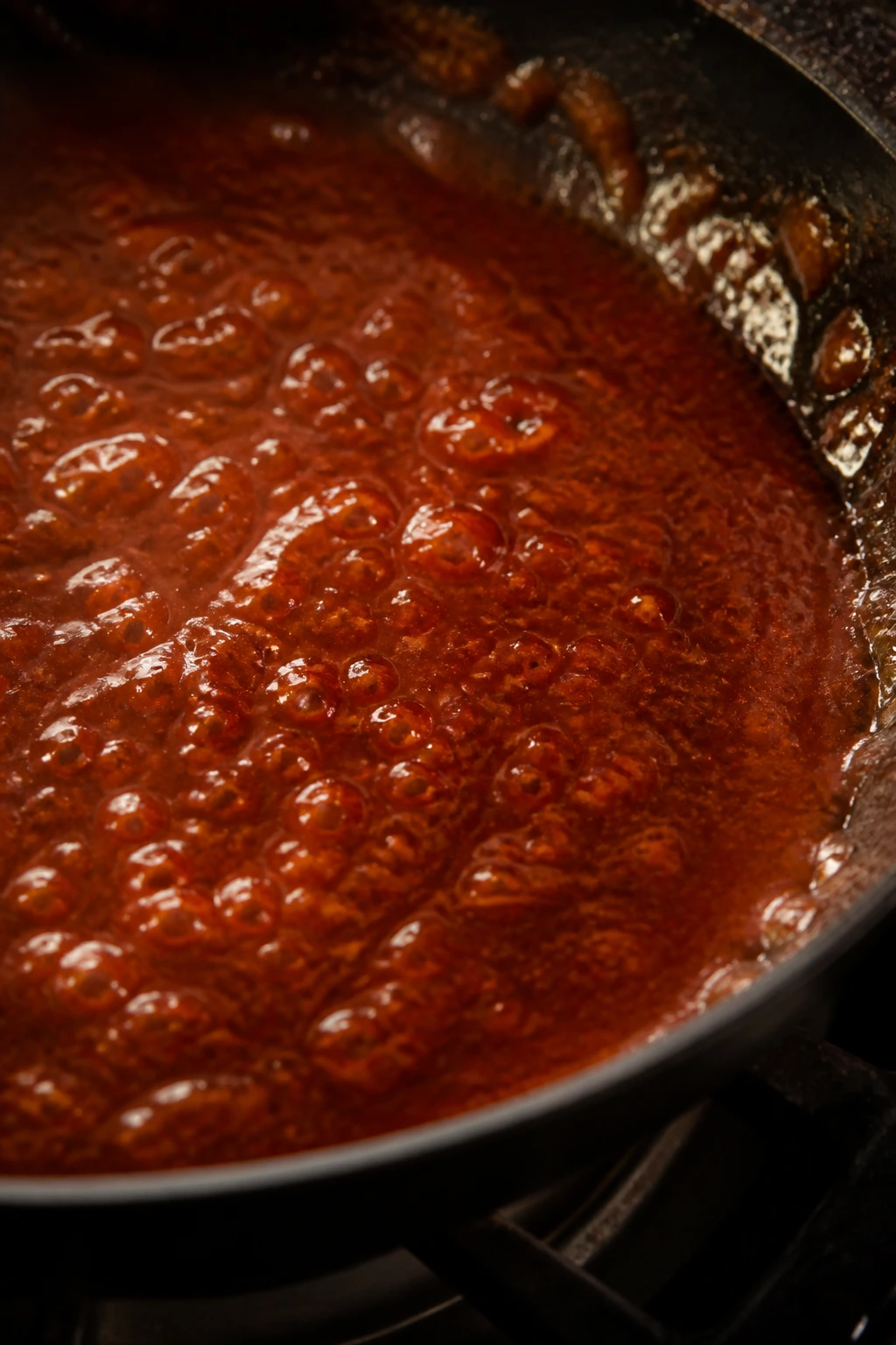 Close-up of glossy beef sauce in a skillet