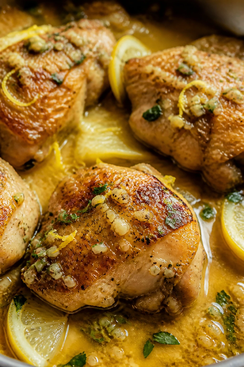 Chicken thighs in skillet with glossy lemon-garlic sauce and zest