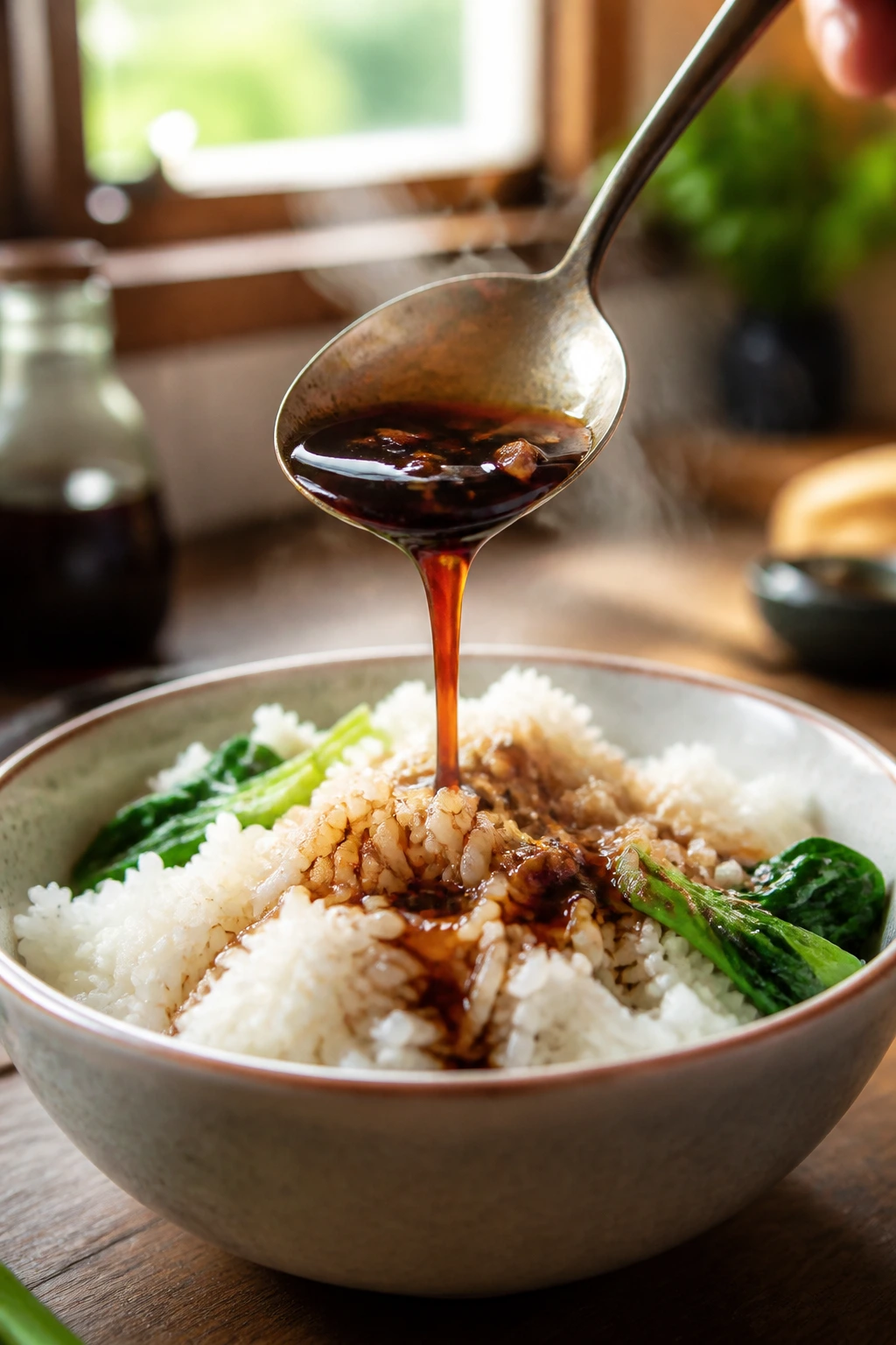 Spoon pouring aromatic sauce over rice