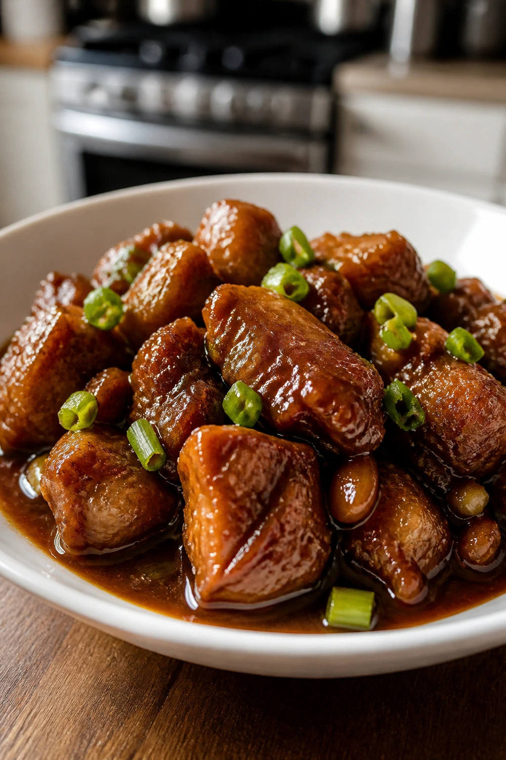 Saucy braise with glossy finish in a white bowl