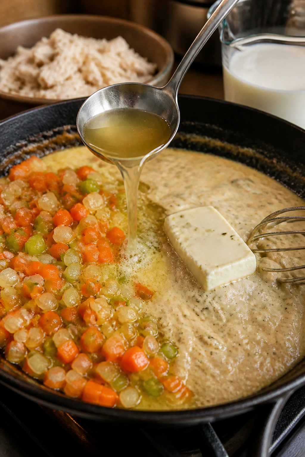 Sizzling skillet with vegetables and creamy sauce in progress