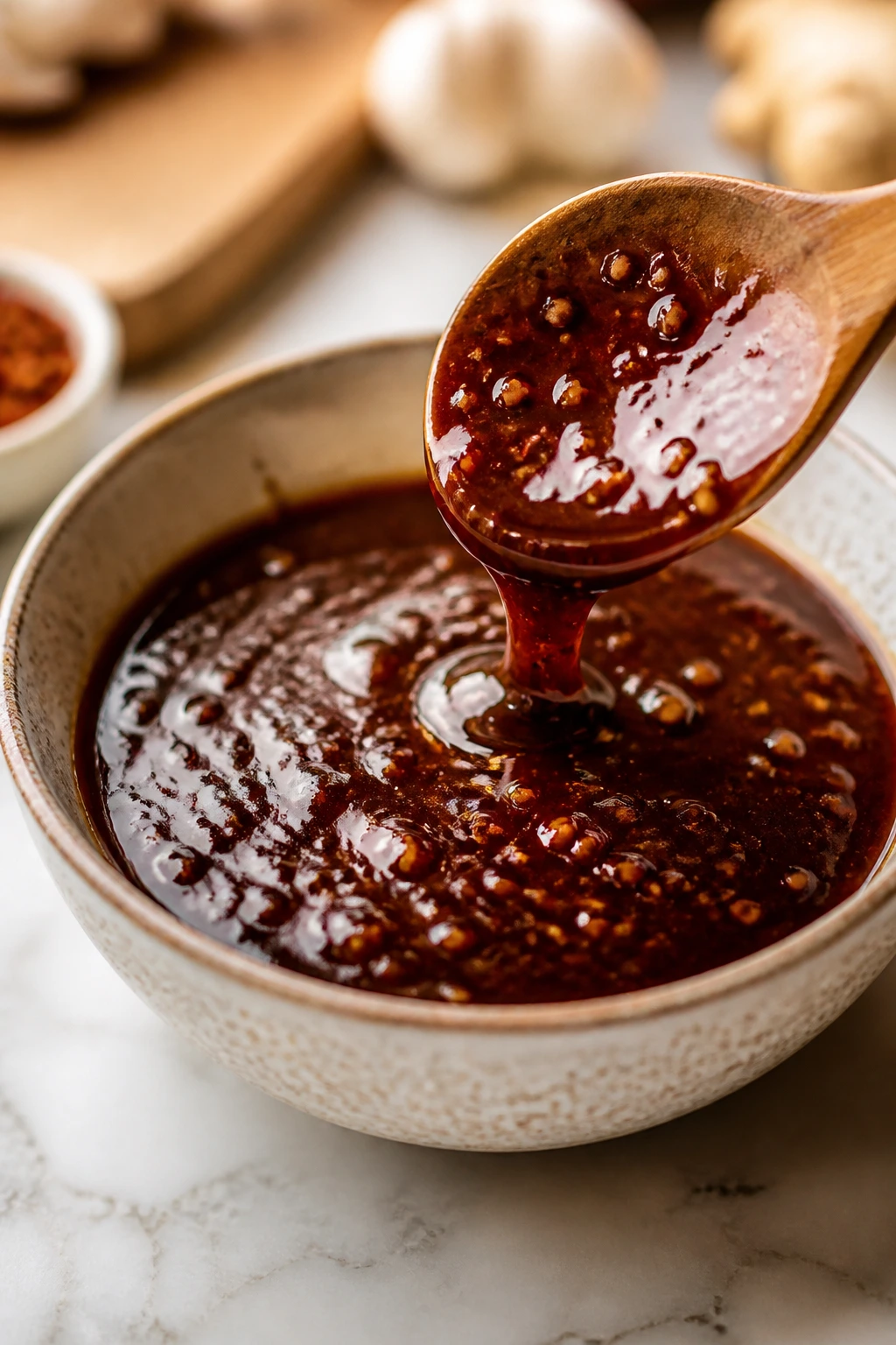 Sauce in a small ceramic bowl on a kitchen counter