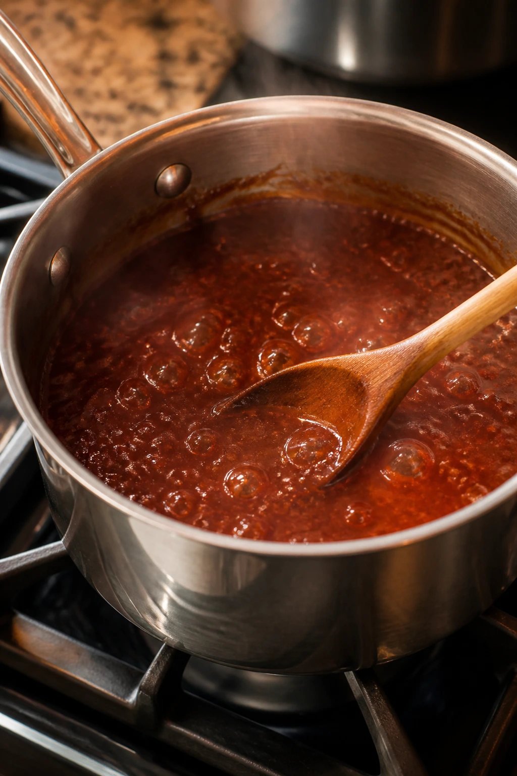 Sauce simmering in a saucepan on a stove with gentle steam