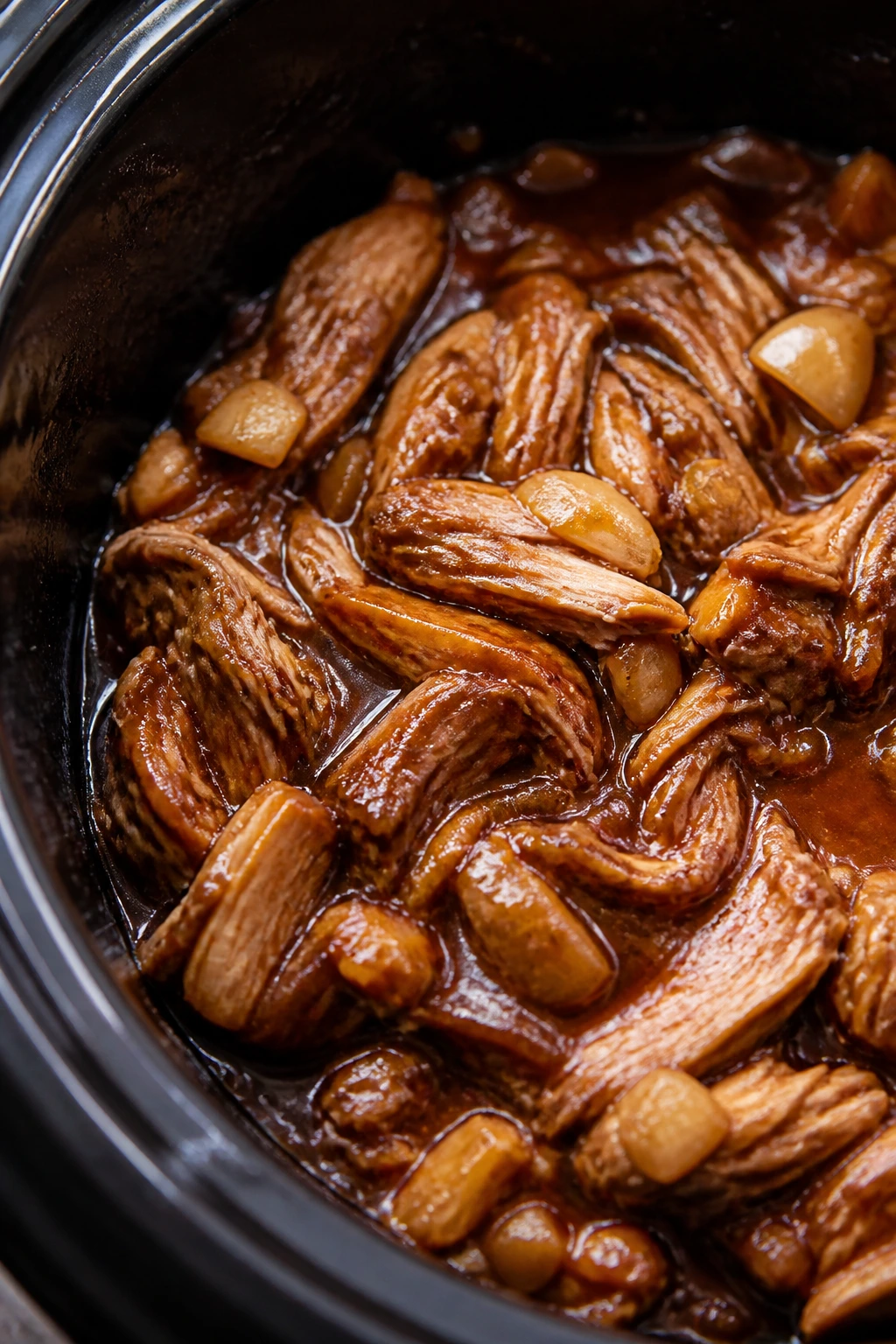Inside slow cooker pot showing glossy sauce coating shredded chicken with garlic and ginger