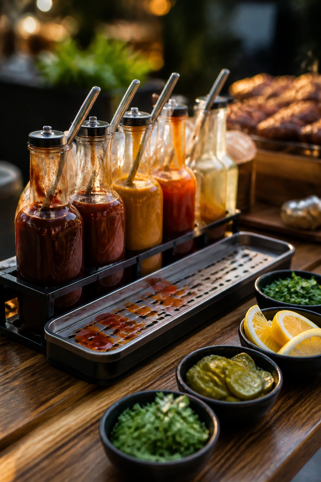 Neatly organized sauce station with garnish bowls on outdoor table