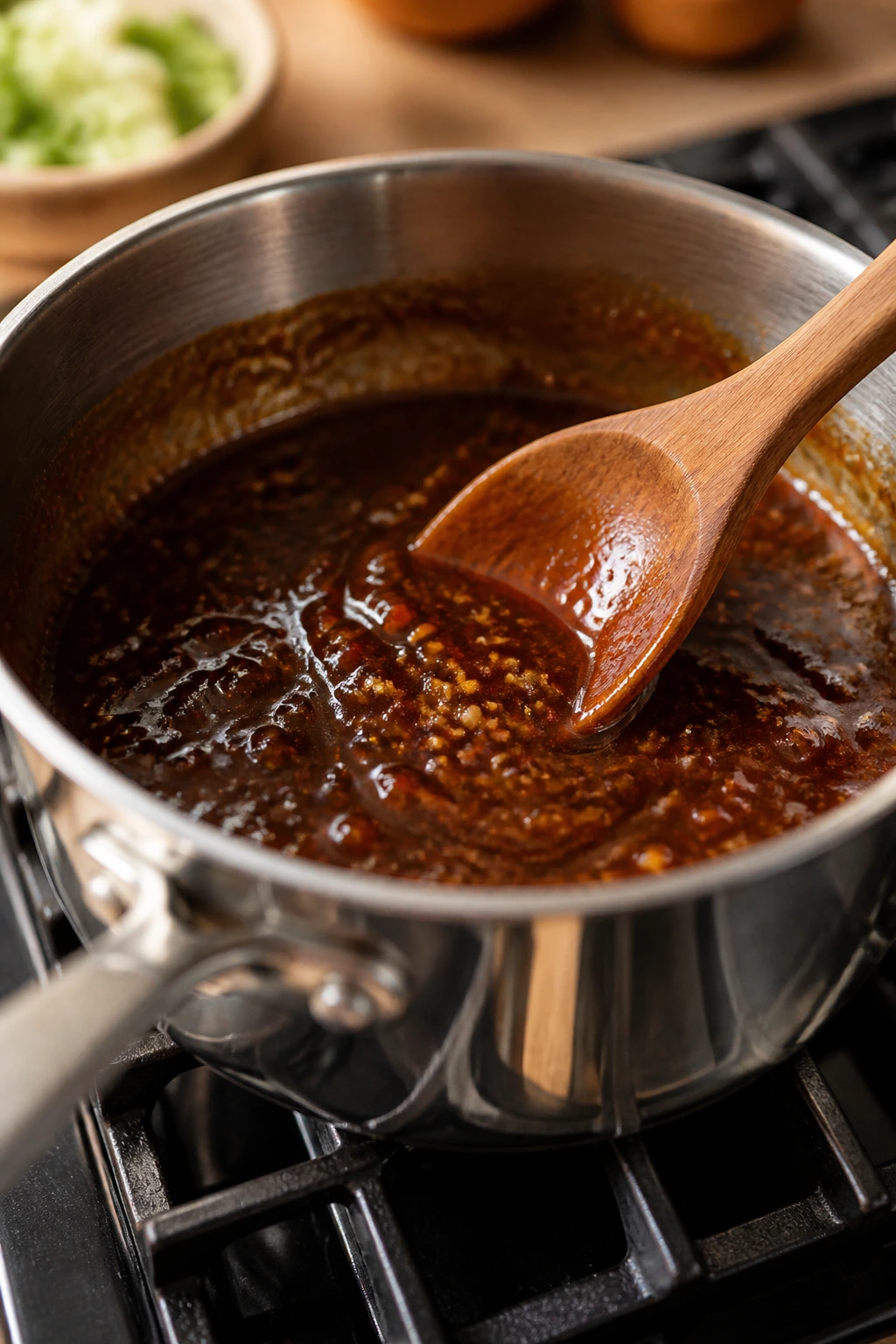 Sauce simmering in a pan with wooden spoon