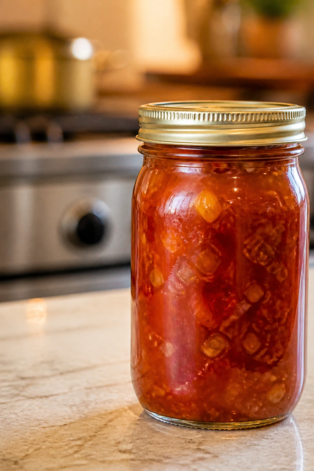 Glass jar of sweet-sour sauce stored in kitchen