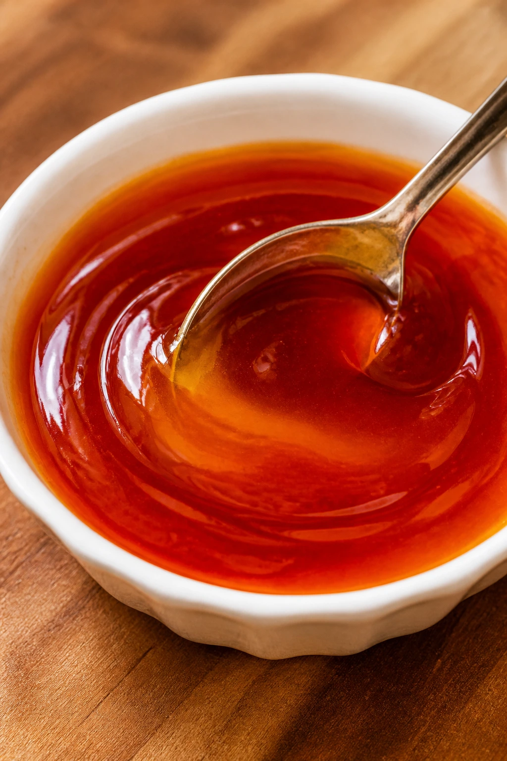 Close-up of glossy layered sweet-sour sauce in a small dish with a swirl