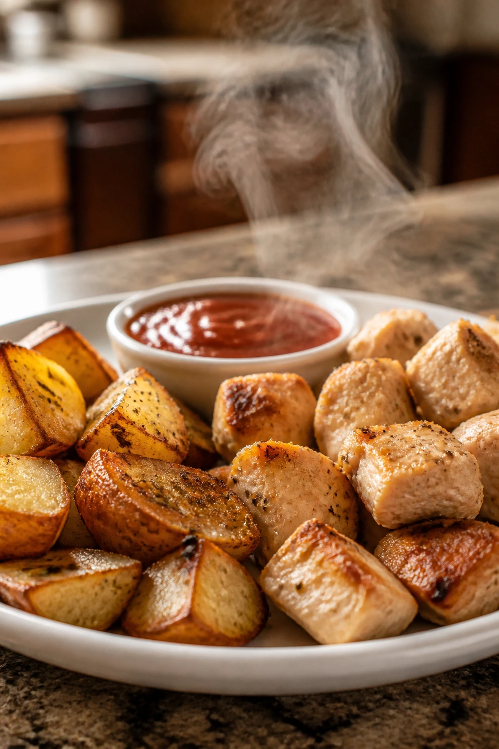 Plate highlighting sauce, texture, and temperature with dipping sauce