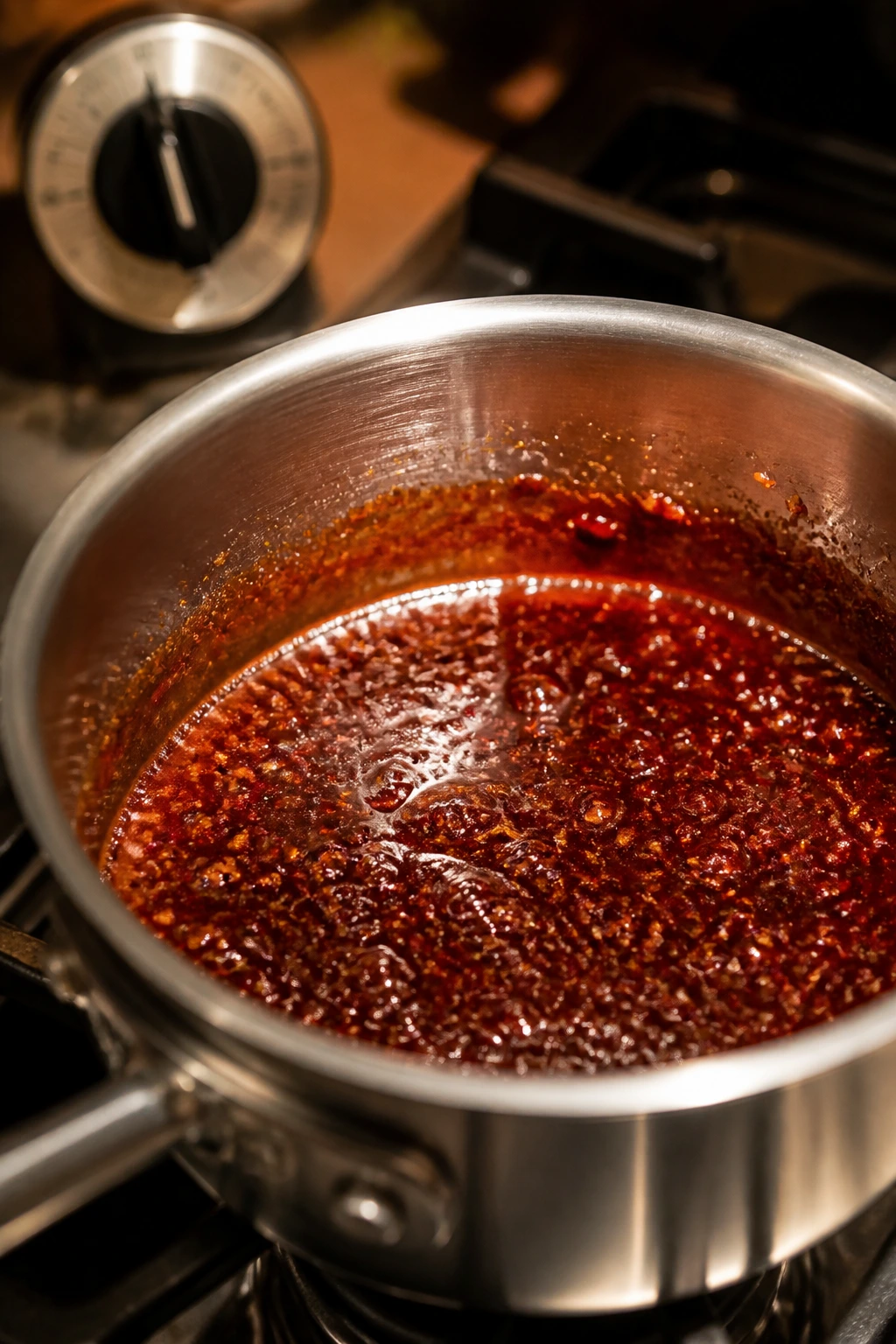Sauce simmering in a small saucepan with a timer in background