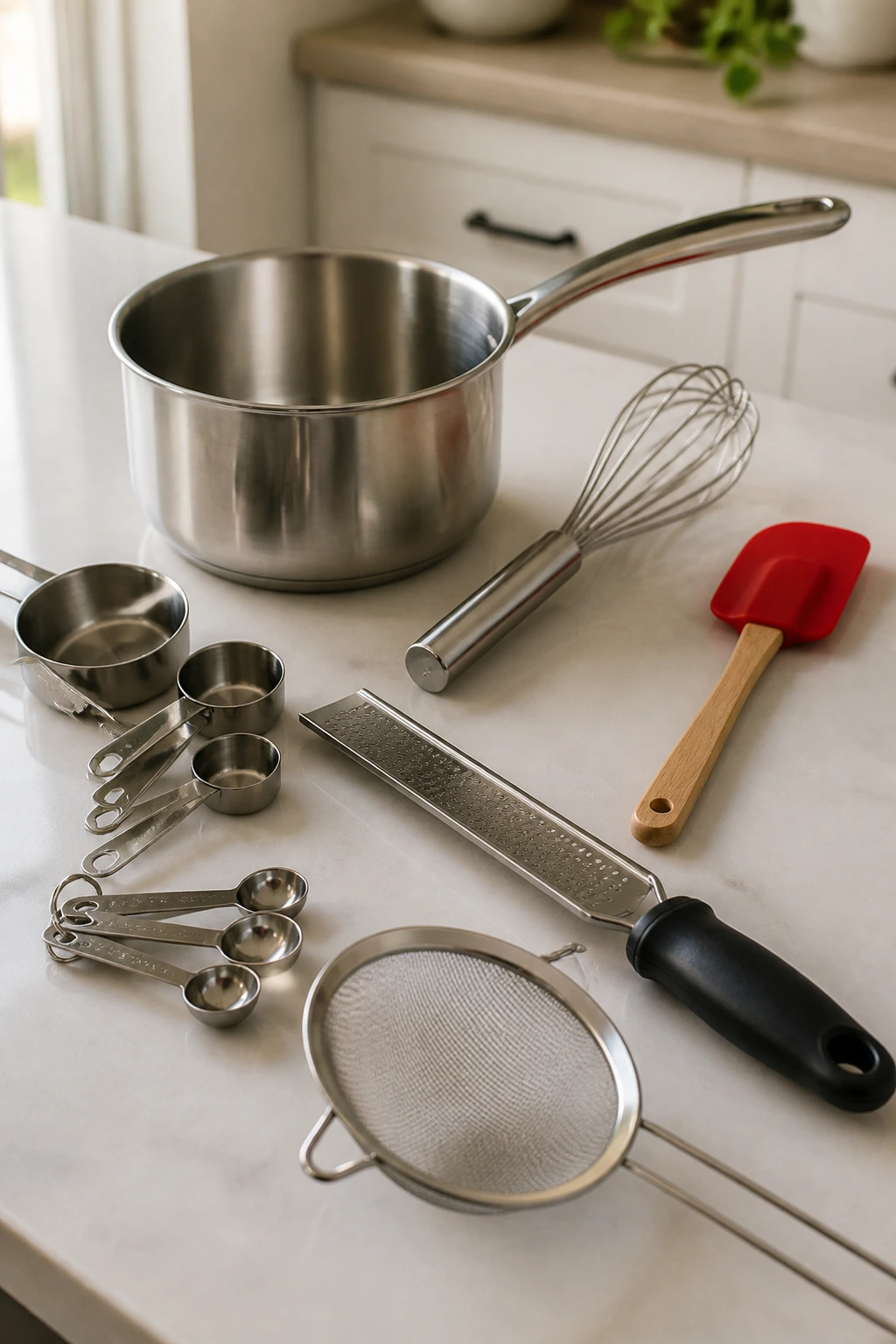 Arrangement of sauce-making tools on a light kitchen counter