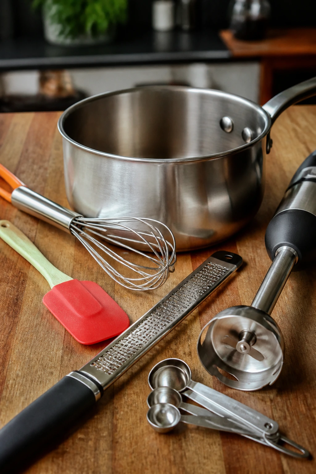 Set of sauce-making tools on a kitchen counter.