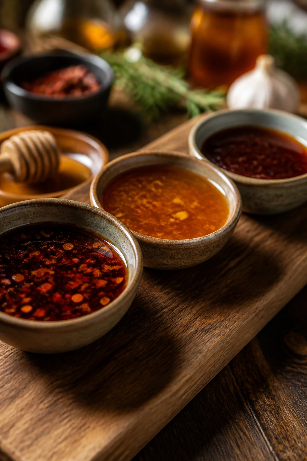 Three bowls of different sauces shows glaze variations.
