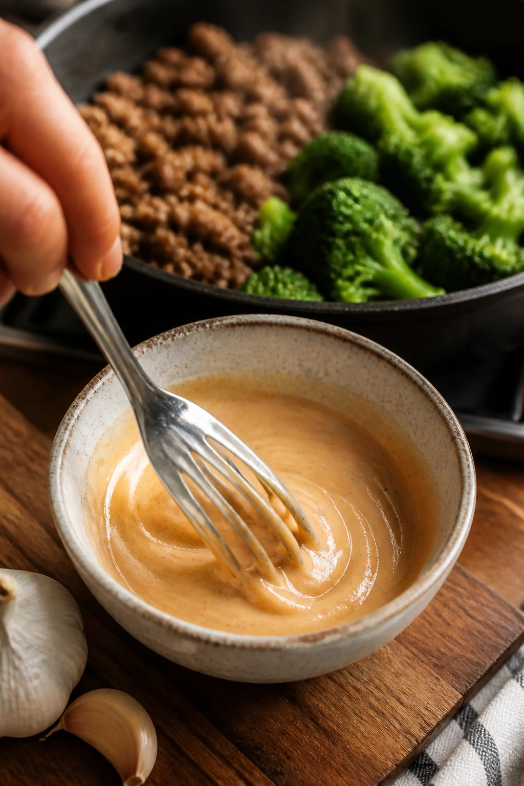 Sauce whisking in a small bowl for quick steps of the recipe.
