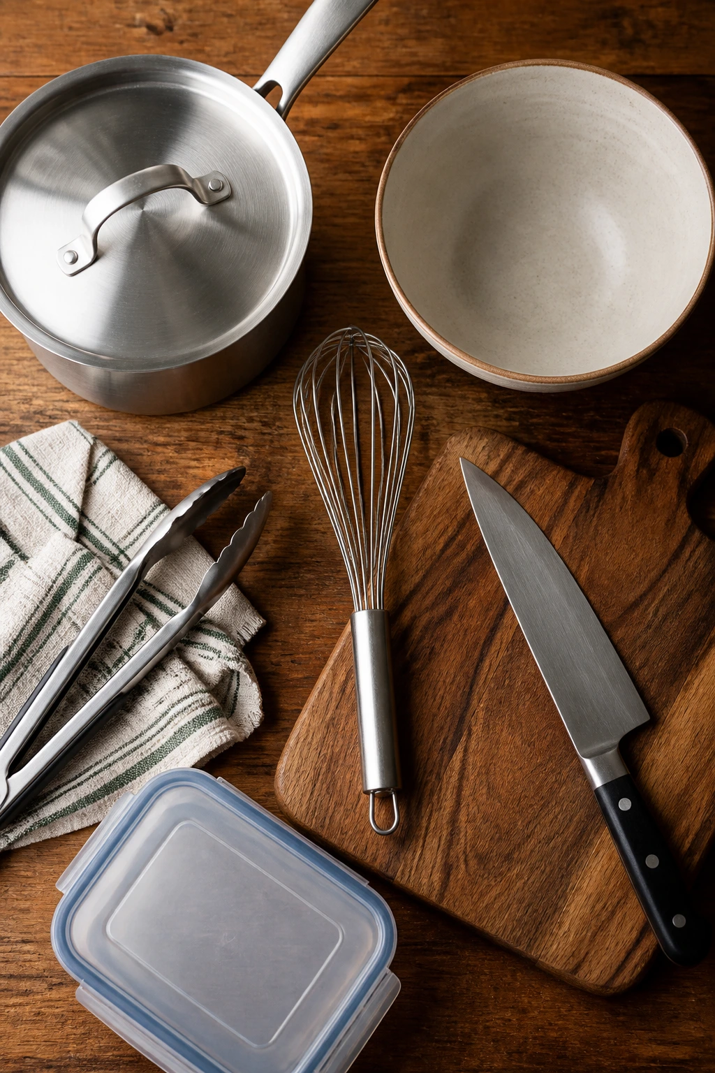 Top-down view of essential kitchen tools laid out on a wooden surface.