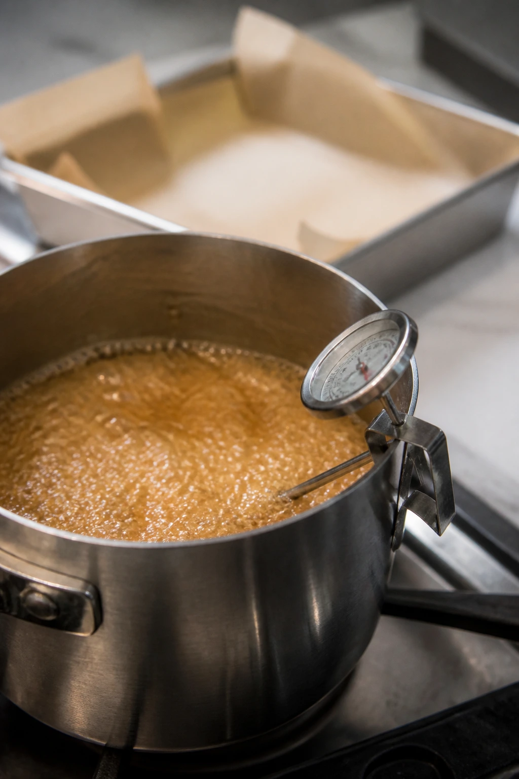 Heavy saucepan with thermometer on stove