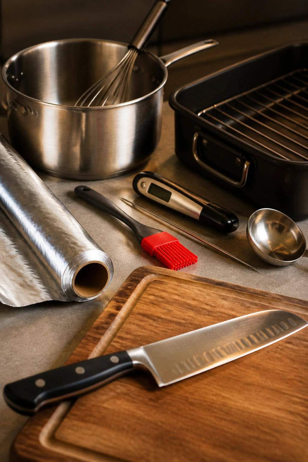 Kitchen tools for glazing ham arranged on counter