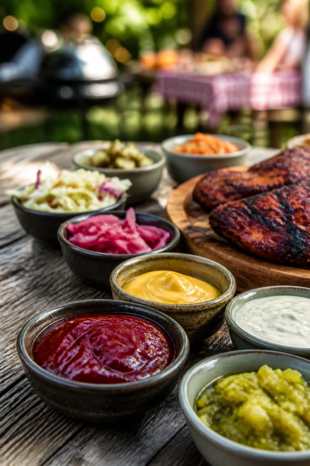 Small bowls of sauces and condiments on a backyard picnic table