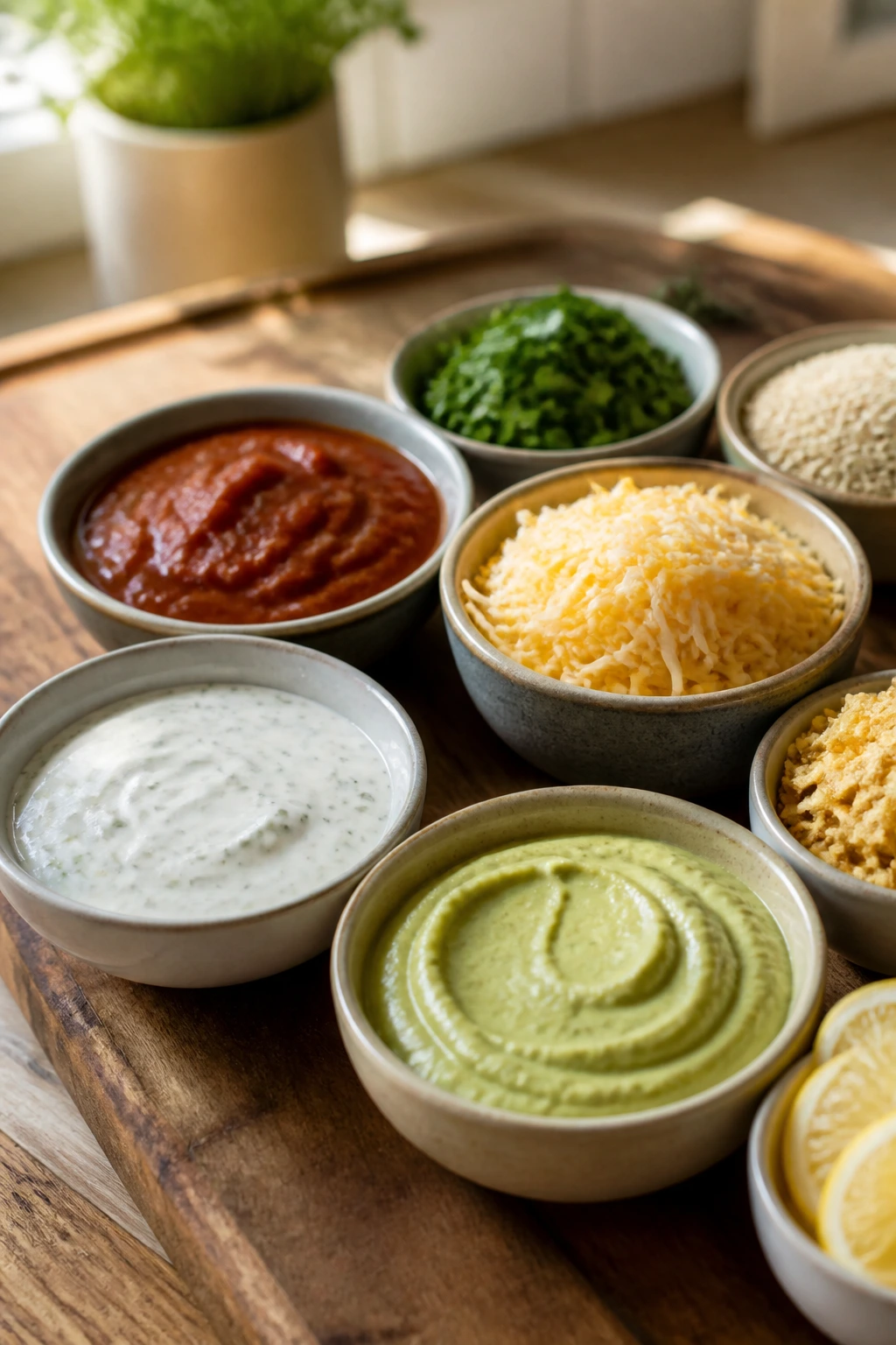 Close-up of sauces and finishing bits lineup on a wooden board with avocado crema and ranch