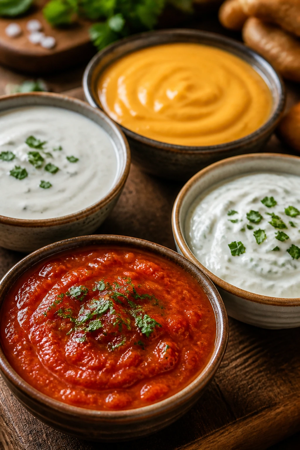 Close-up of dipping sauces in bowls on a wooden table