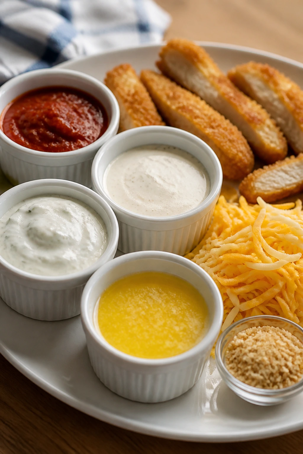 Plate with multiple dipping sauces in small bowls surrounding chicken and cheese