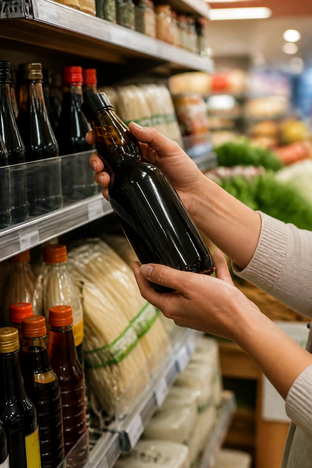 Close-up of a shopper's hands choosing an unlabeled sauce bottle in a grocery store aisle