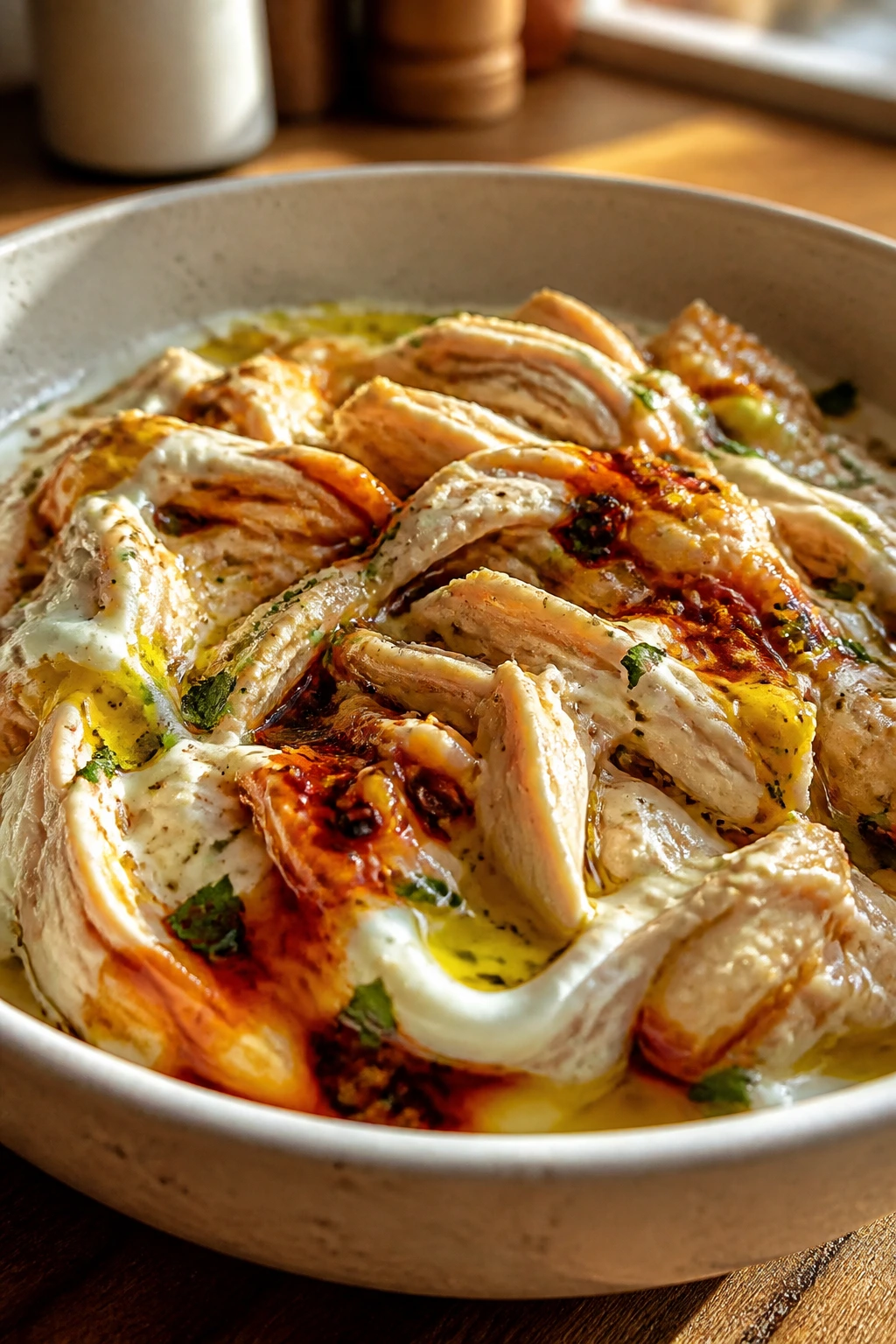 Glossy chicken dish with three distinct sauce components on a warm kitchen counter