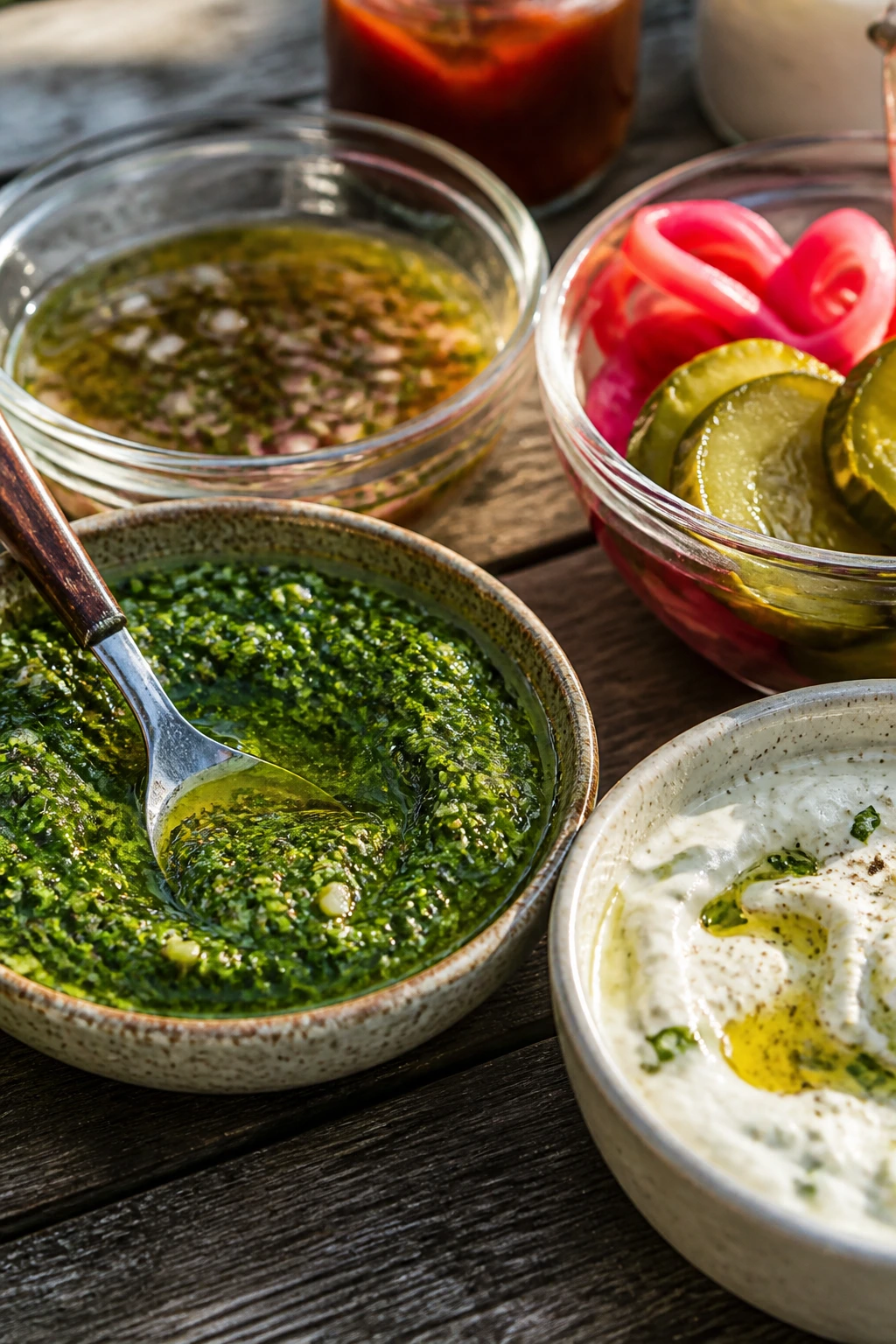 Close-up of bright sauces and pickles on a wooden picnic table