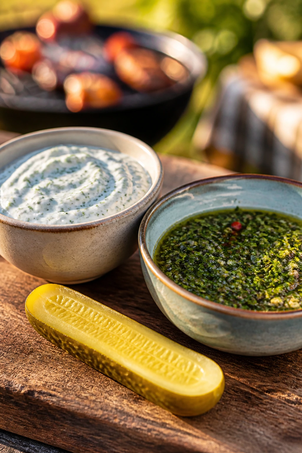 Close-up of creamy yogurt sauce, chimichurri, and pickle on a rustic board outdoors