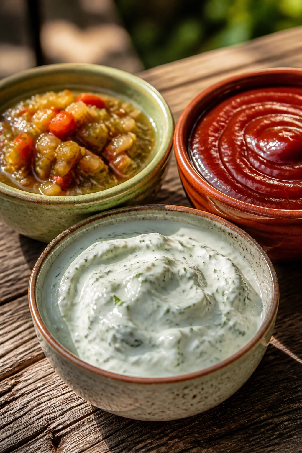 Close-up of colorful sauces and dips in bowls on a rustic outdoor table.
