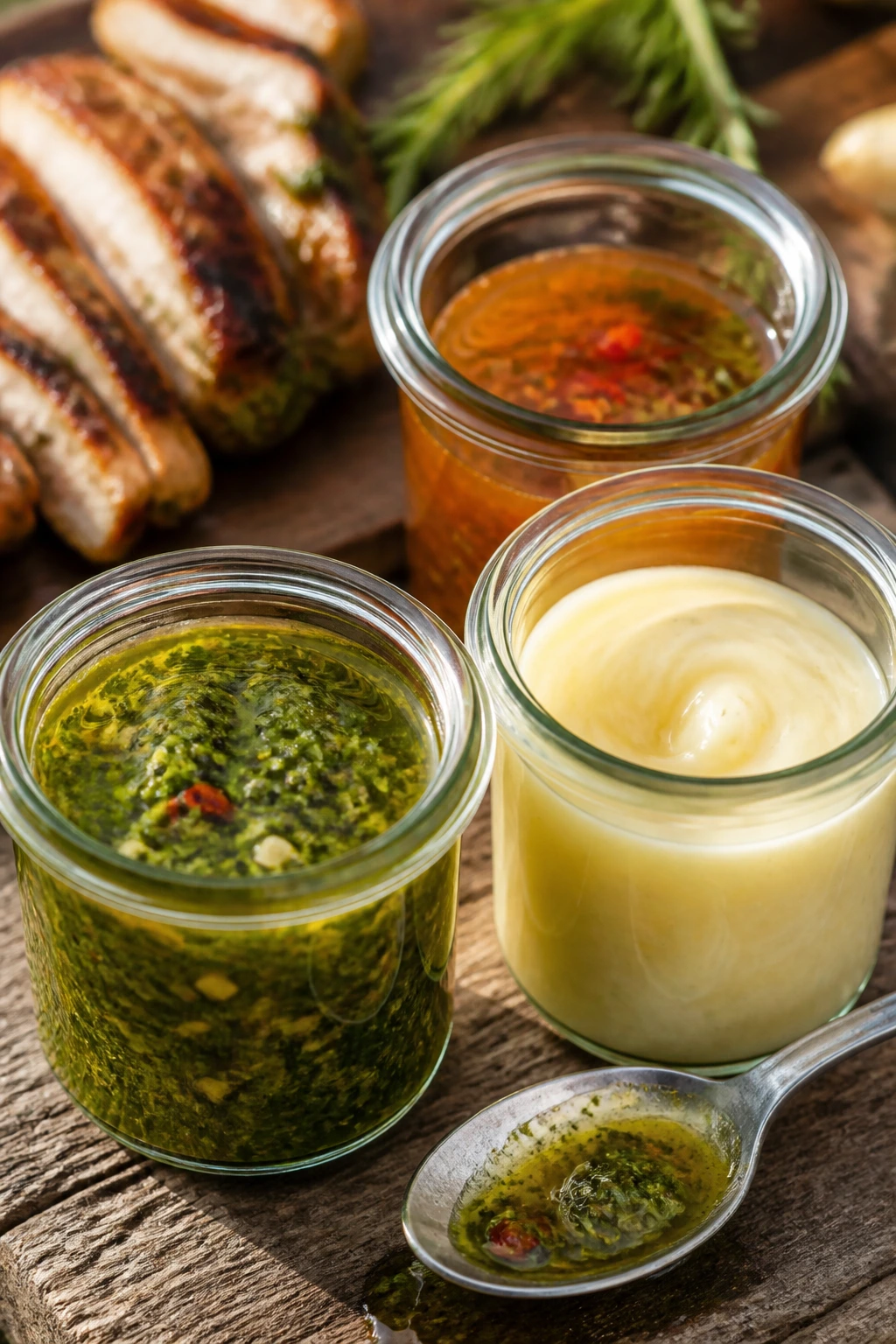 Close-up of colorful sauce jars on a wooden board for backyard picnic