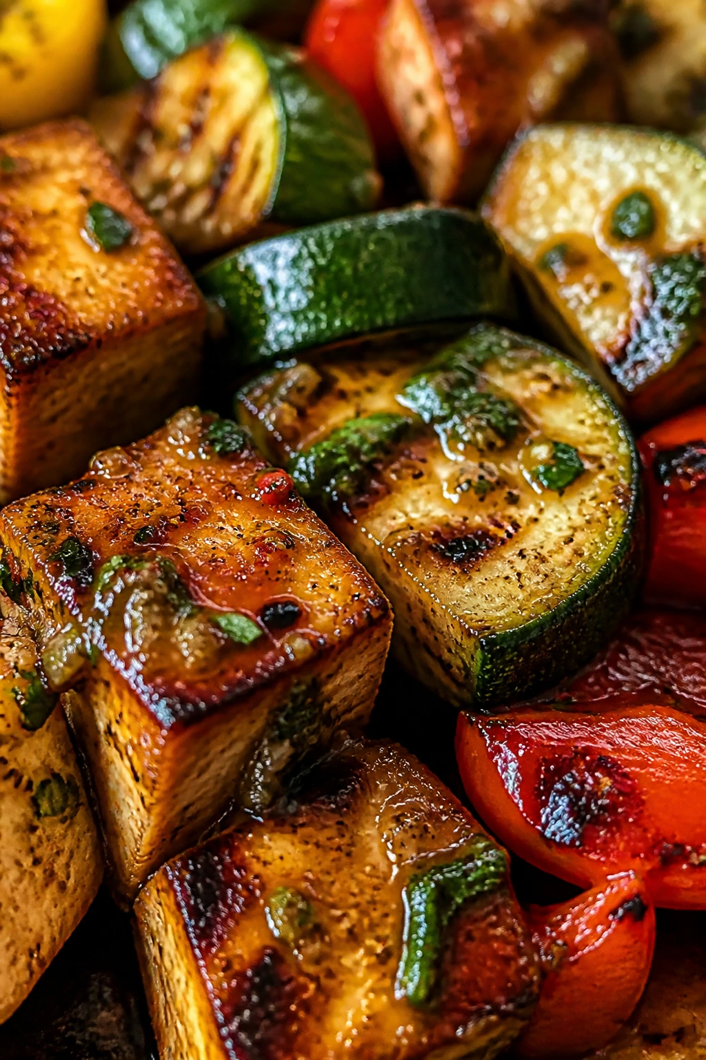 Glossy glaze on grilled tofu and vegetables with herbs