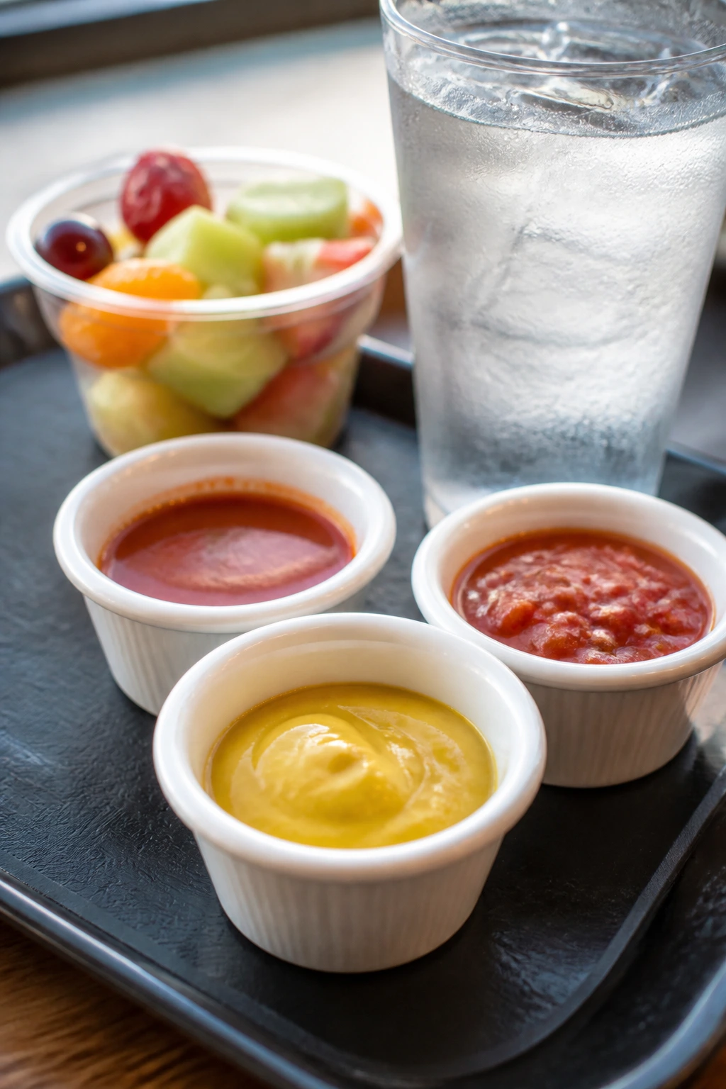 Close-up of sauces and a water glass on a tray