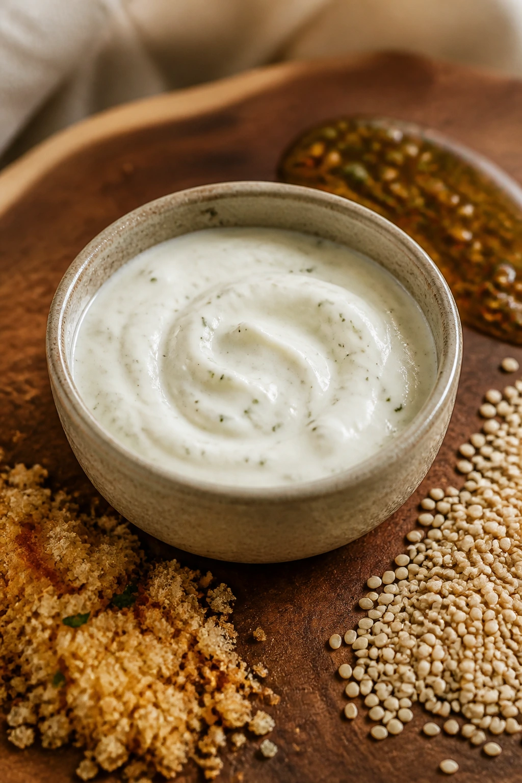 Close-up of creamy ranch dip with crunchy toppings on a wooden board