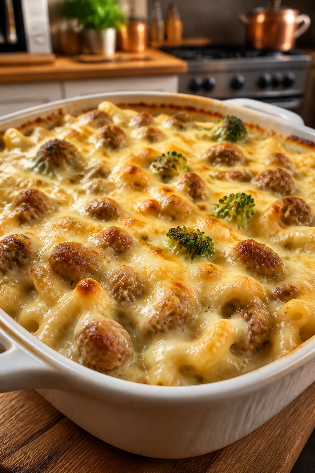 Creamy sausage Alfredo bake with a browned cheese crust in a baking dish.