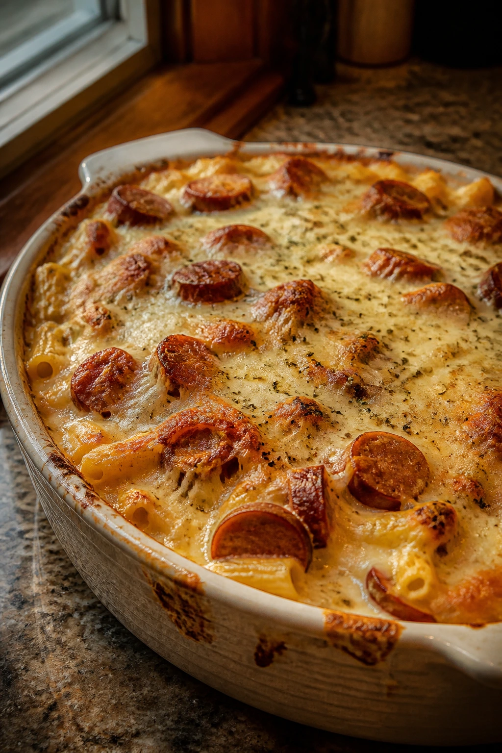 Bubbling smoked sausage alfredo pasta bake