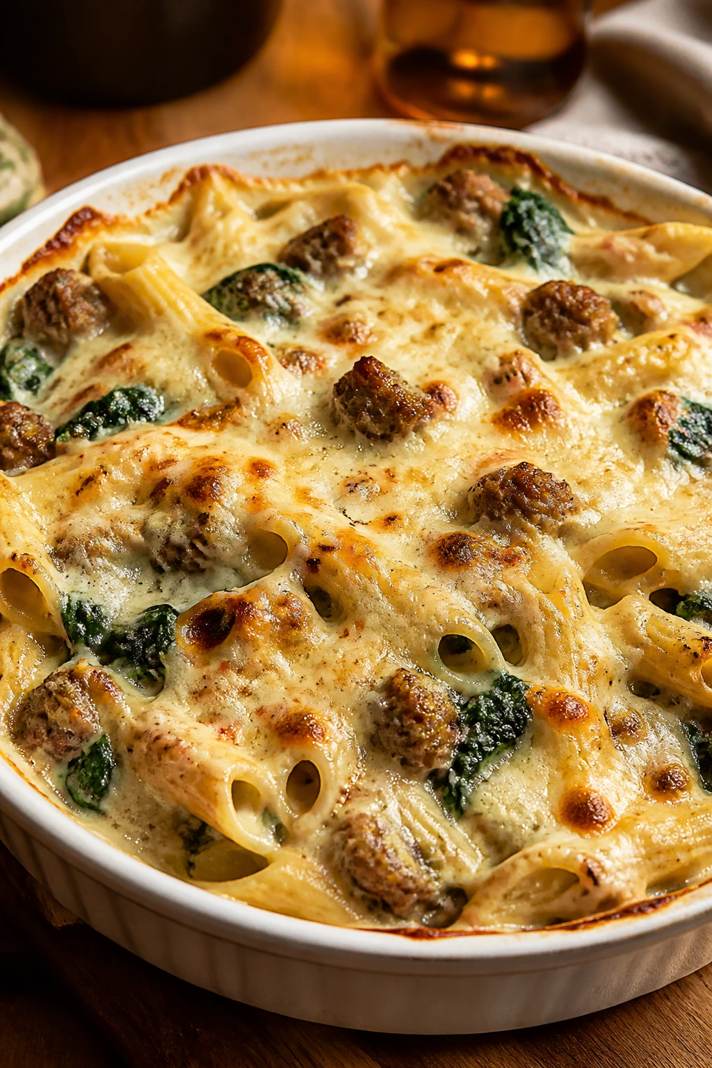 Creamy baked sausage alfredo with spinach