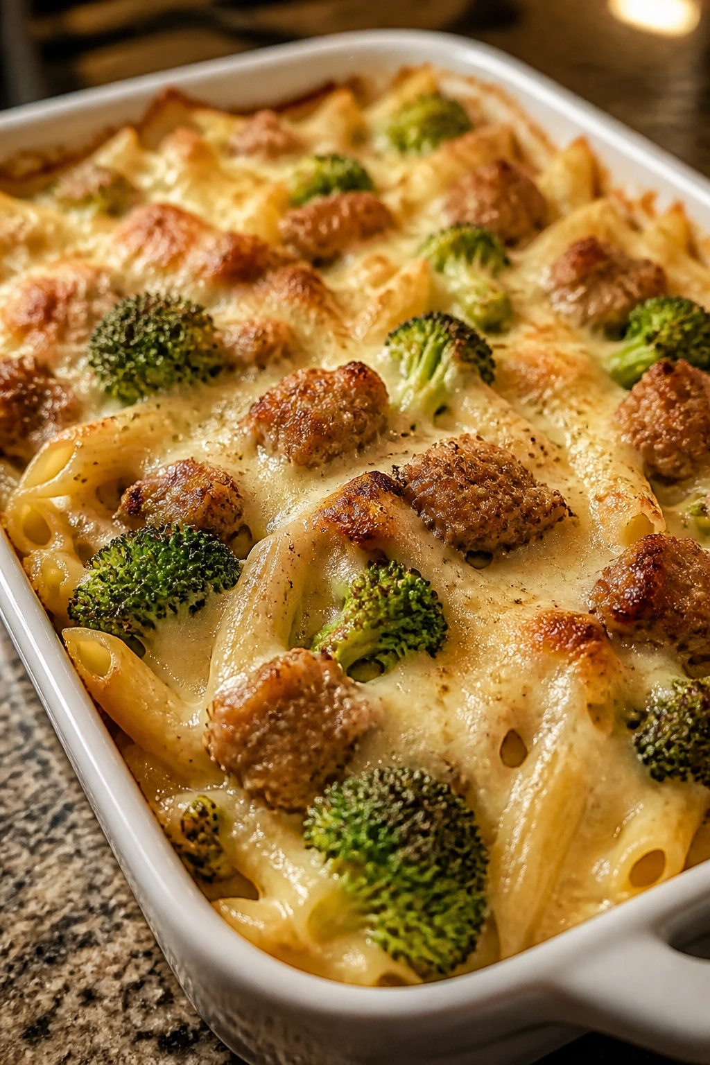 Creamy sausage Alfredo broccoli bake with melted cheese